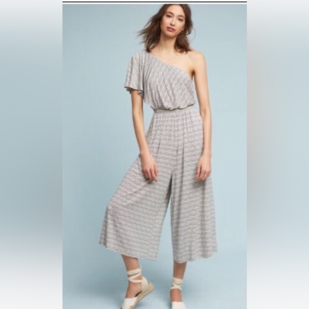 Anthropologie Wide leg jumpsuit by Maeve. One shoulder with geometric pattern
